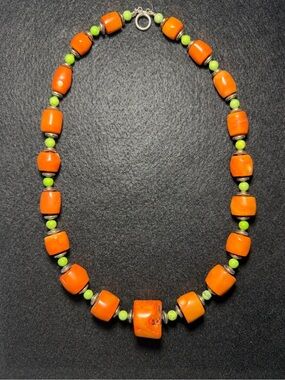 Vintage 925 Sterling Silver and Coral bead necklace green turquoise spacer beads